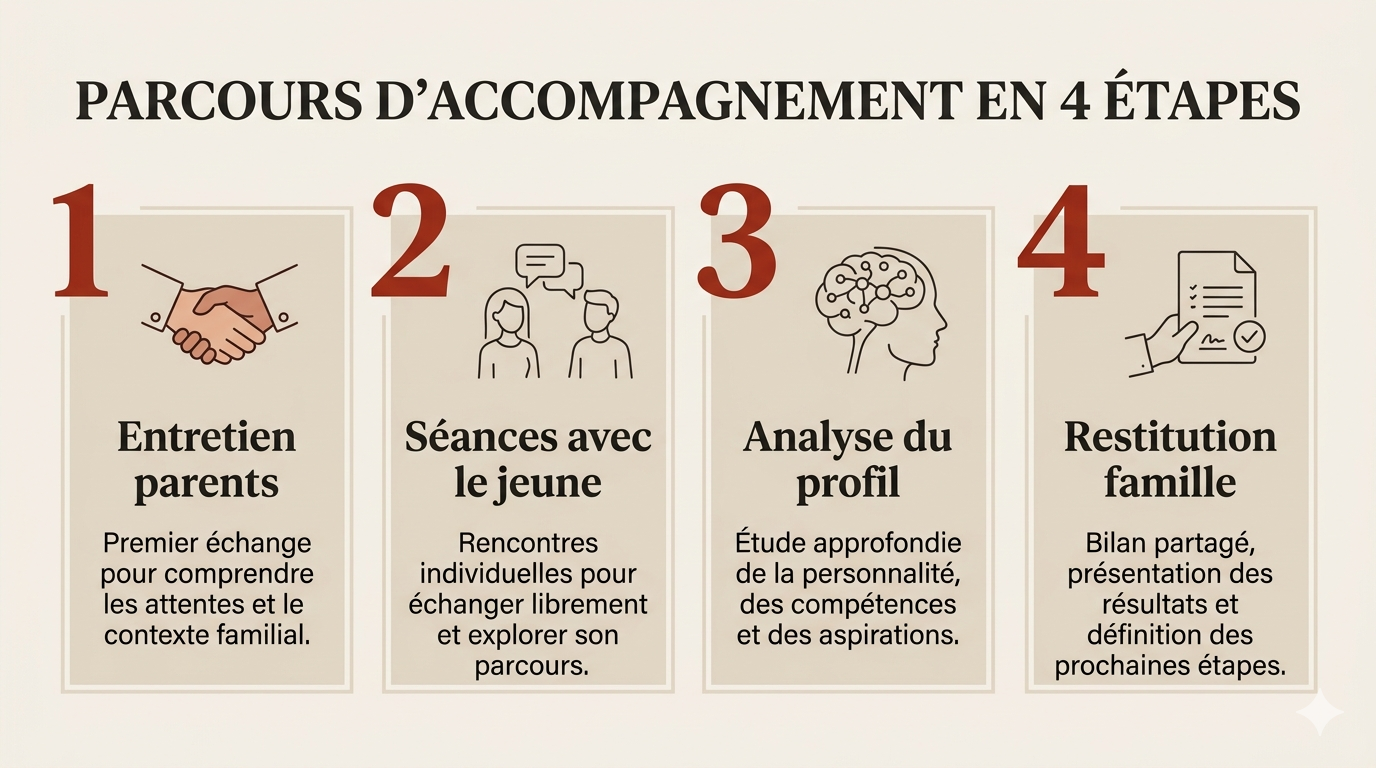 Le déroulé de l'accompagnement en 4 étapes : 1. entretien parents (premier échange pour comprendre les attentes et le contexte familial), 2. séances avec le jeune (rencontres individuelles pour échanger et explorer son parcours), 3. analyse du profil (étude de la personnalité, des compétences et des aspirations), 4. restitution famille (bilan partagé et prochaines étapes).